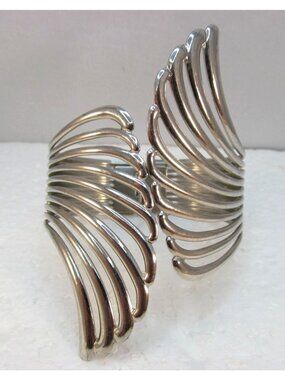 Angel Wings Fan Style Clamper Hinged Bracelet Silver Tone Statement Costume Cuff